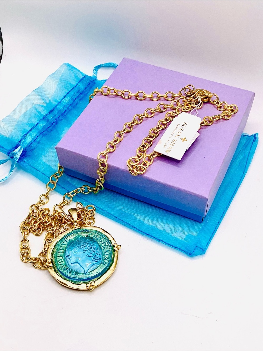 Gold Chain Necklace with Turquoise Coin Pendant by Susan Shaw